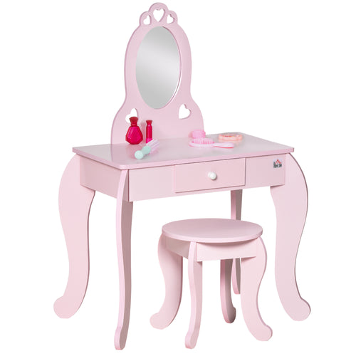 Coiffeuse Enfant Design Girly avec Motifs à Coeur - Tabouret Inclus - dim. 60L x 36l x 88H cm - tiroir, Miroir - MDF - Rose-0