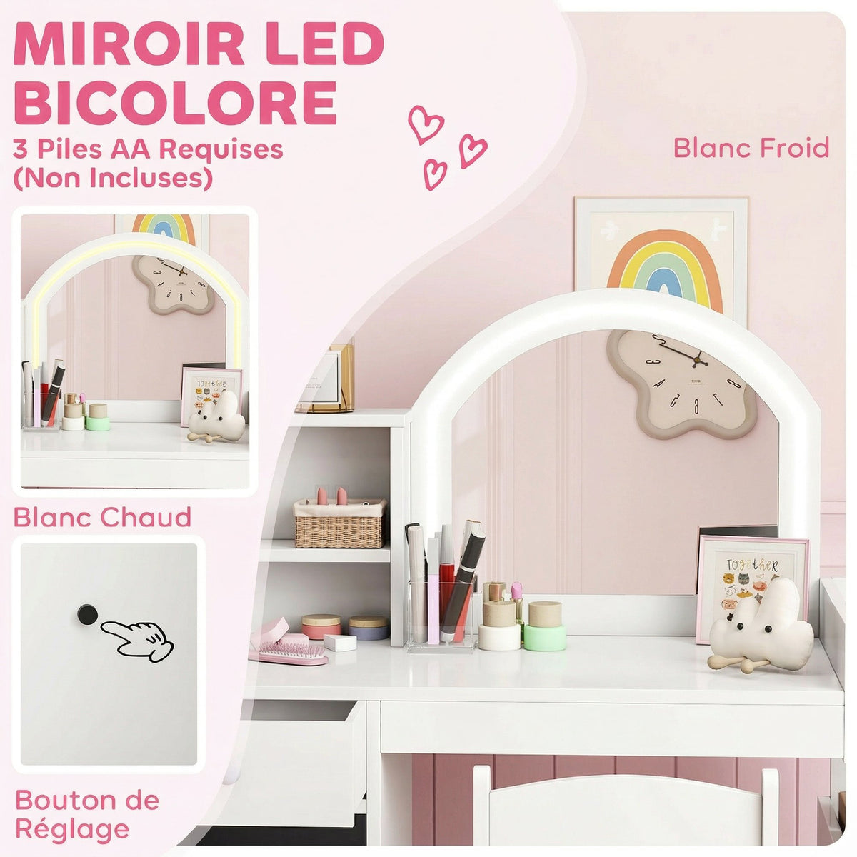 Coiffeuse pour enfants avec tabouret et miroir LED, table de maquillage pour 3 à 8 ans, 88,6 x 38,8 x 96,9 cm, blanc-4