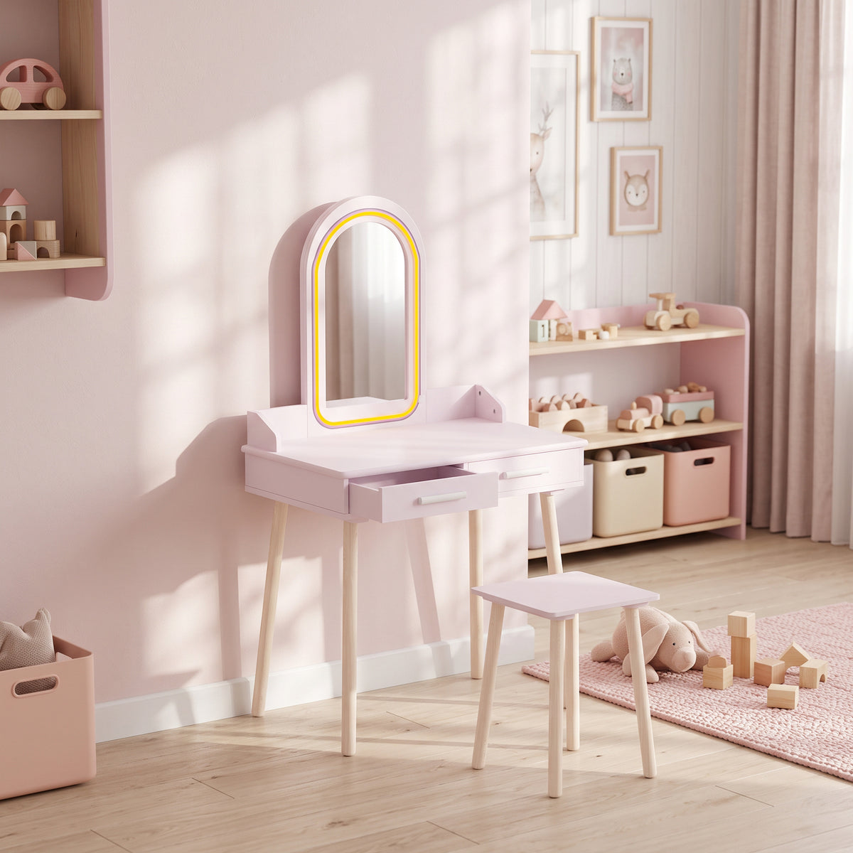 Coiffeuse Enfant en Bois avec Miroir LED 3 Couleurs, Tabouret, Tiroir et Plateau Spacieux, 60x36x100cm, 3 à 8 Ans, Rose-8