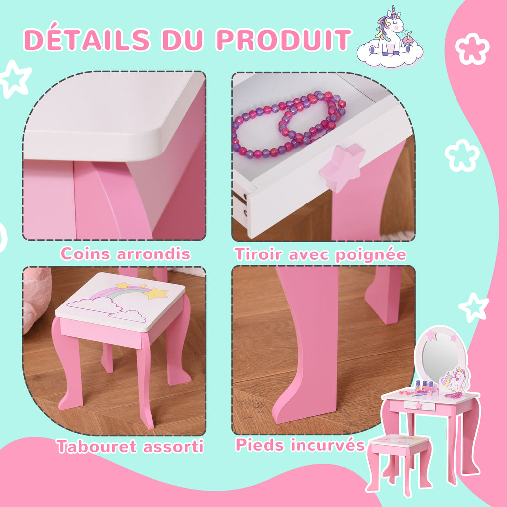 Coiffeuse Enfant Design Licorne - Tabouret Inclus - dim. 49L x 34l x 90H cm - tiroir, Miroir - MDF - Rose Blanc-3