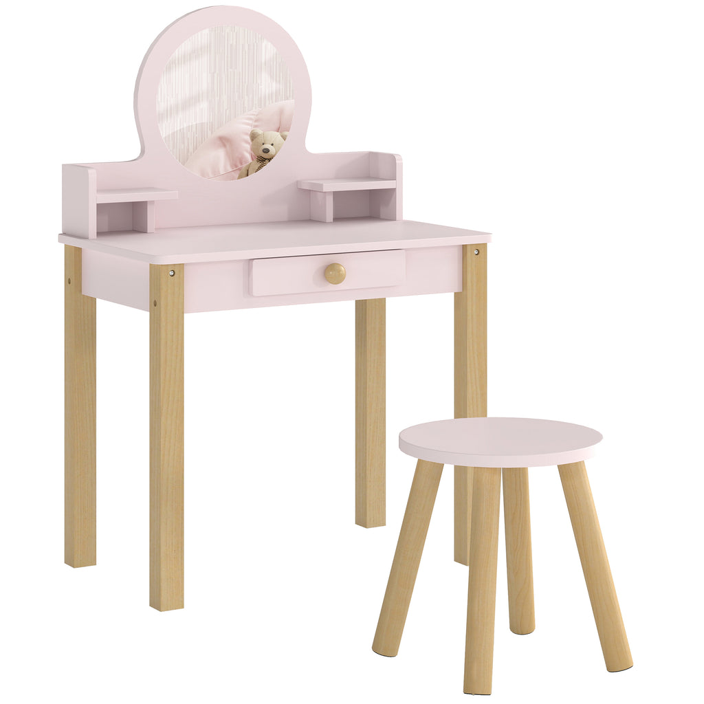 Coiffeuse enfant en bois avec miroir et tabouret, table de maquillage enfant avec tiroir et étagère, 3 à 6 ans, rose-0
