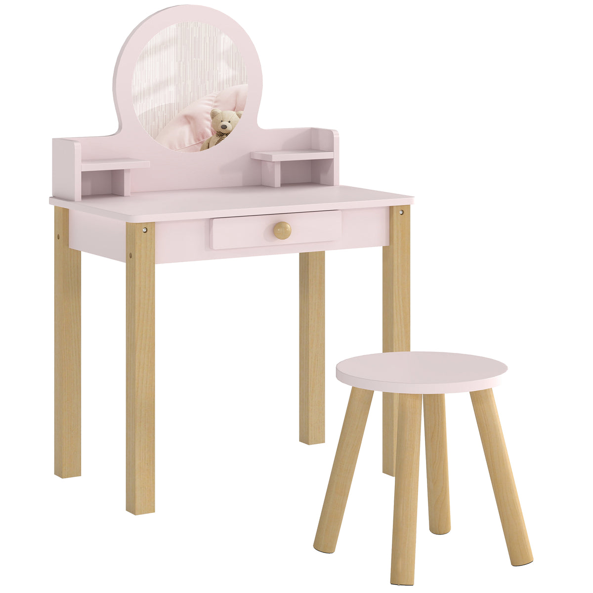 Coiffeuse enfant en bois avec miroir et tabouret, table de maquillage enfant avec tiroir et étagère, 3 à 6 ans, rose-0