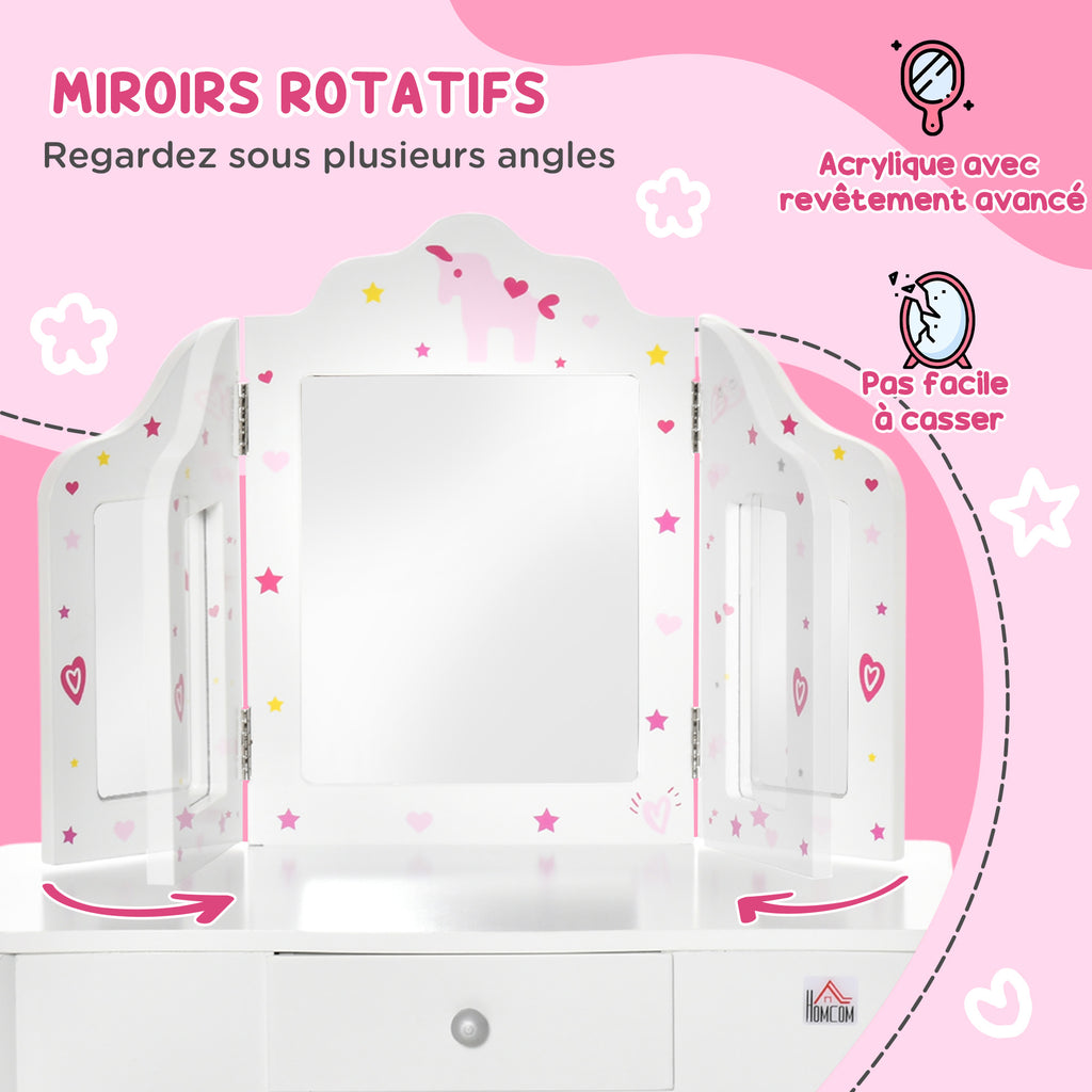 Coiffeuse Enfant avec Tabouret, Miroir triptyque et tiroir Coulissant - Coiffeuse dim. 63L x 40l x 85,5H cm-5