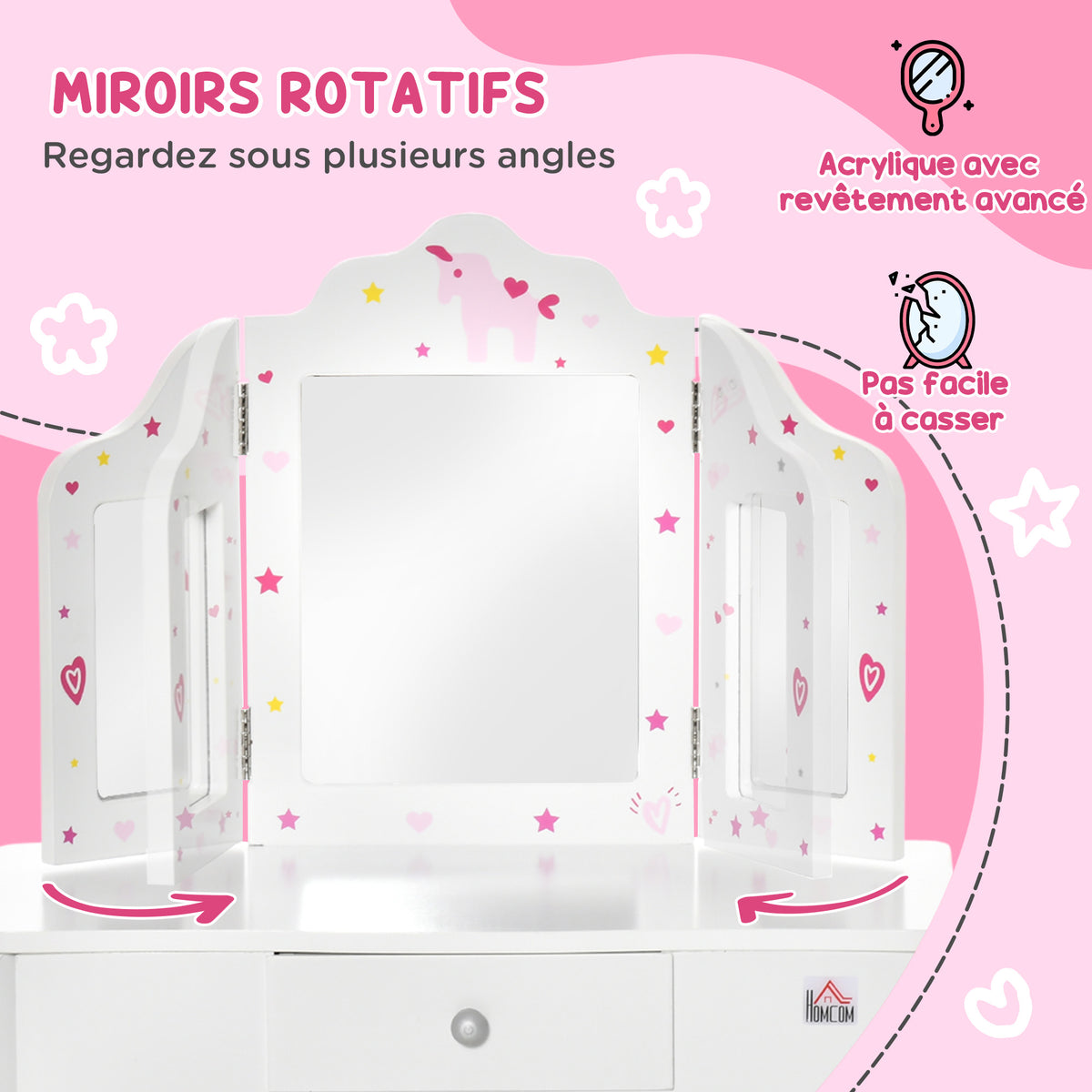 Coiffeuse Enfant avec Tabouret, Miroir triptyque et tiroir Coulissant - Coiffeuse dim. 63L x 40l x 85,5H cm-5