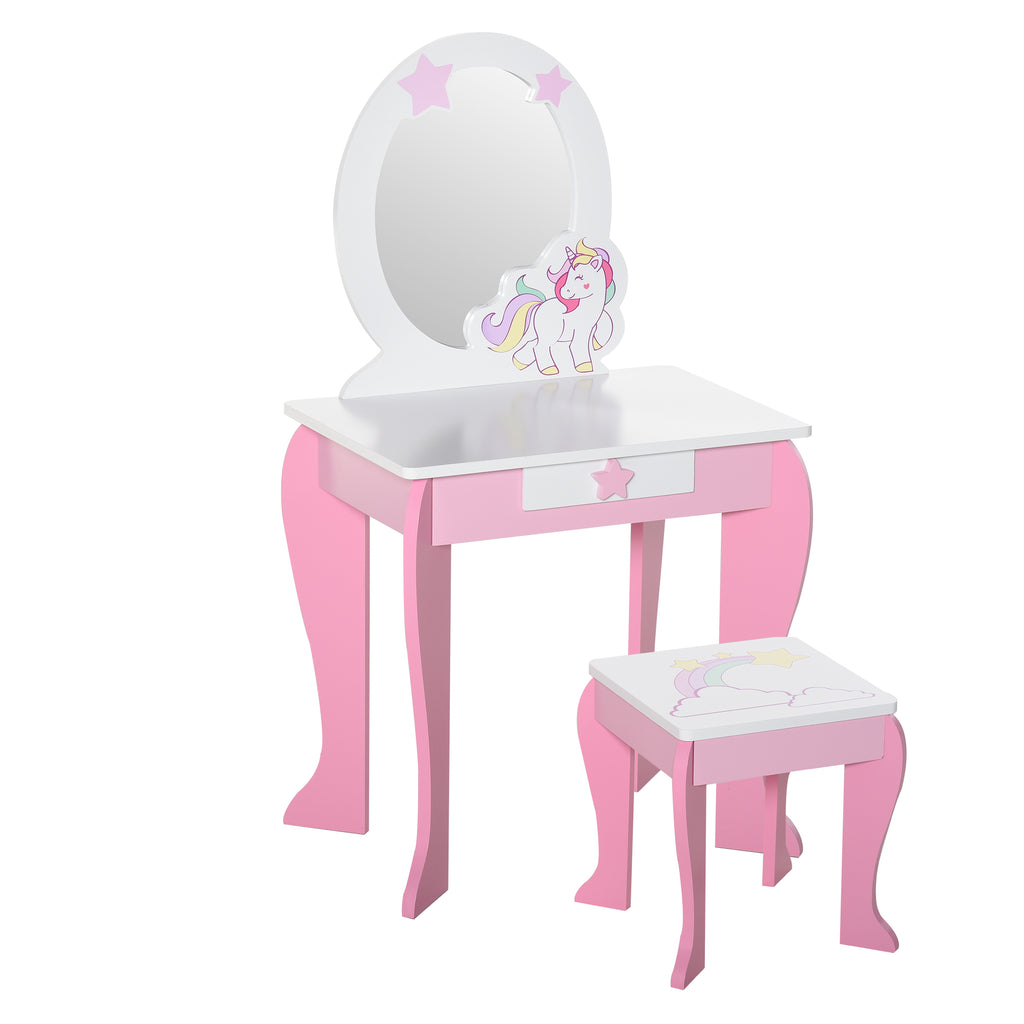 Coiffeuse Enfant Design Licorne - Tabouret Inclus - dim. 49L x 34l x 90H cm - tiroir, Miroir - MDF - Rose Blanc-0