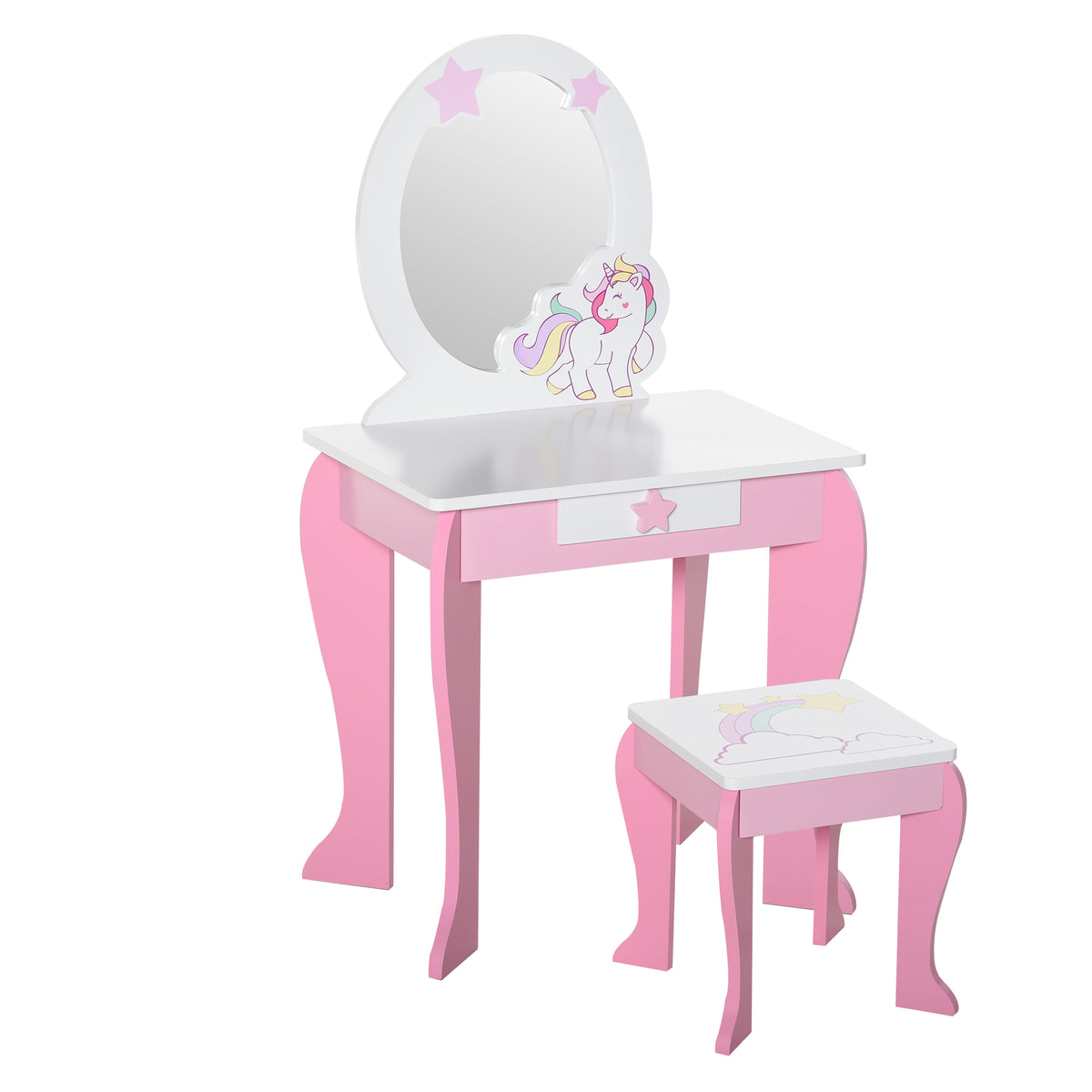 Coiffeuse Enfant Design Licorne - Tabouret Inclus - dim. 49L x 34l x 90H cm - tiroir, Miroir - MDF - Rose Blanc-0