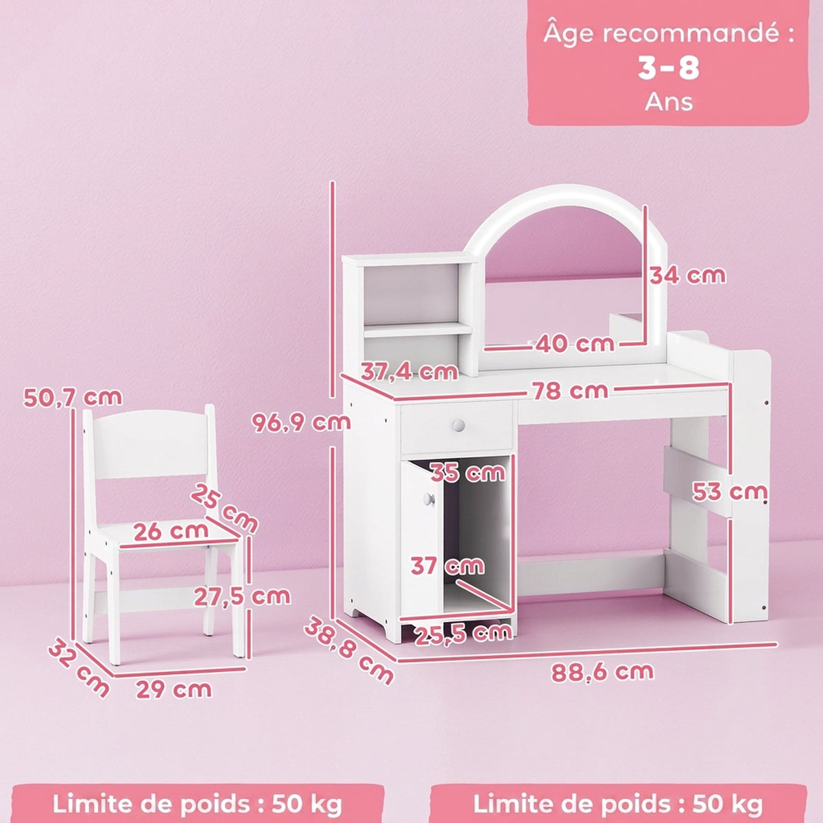 Coiffeuse pour enfants avec tabouret et miroir LED, table de maquillage pour 3 à 8 ans, 88,6 x 38,8 x 96,9 cm, blanc-2