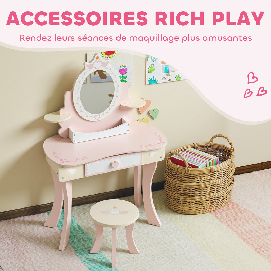 Coiffeuse enfant fille table de maquillage 2 en 1 avec 7 accessoires de jeu miroir en acrylique 59,8x29,6x89,8cm rose-4