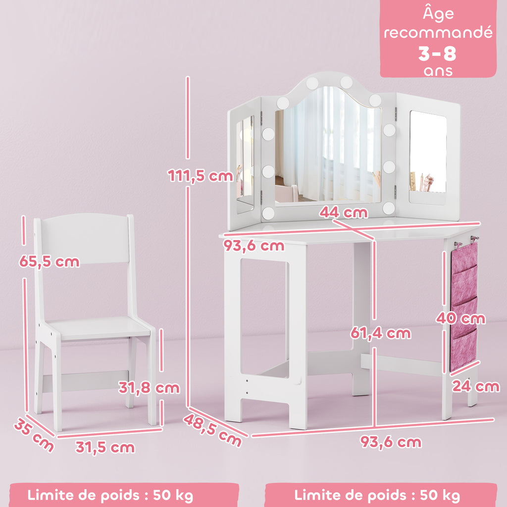 Coiffeuse enfant 2 en 1 avec tabouret miroir triptyque et lumières LED bicolores  93,6 x 48,5 x 111,5 cm blanc-2