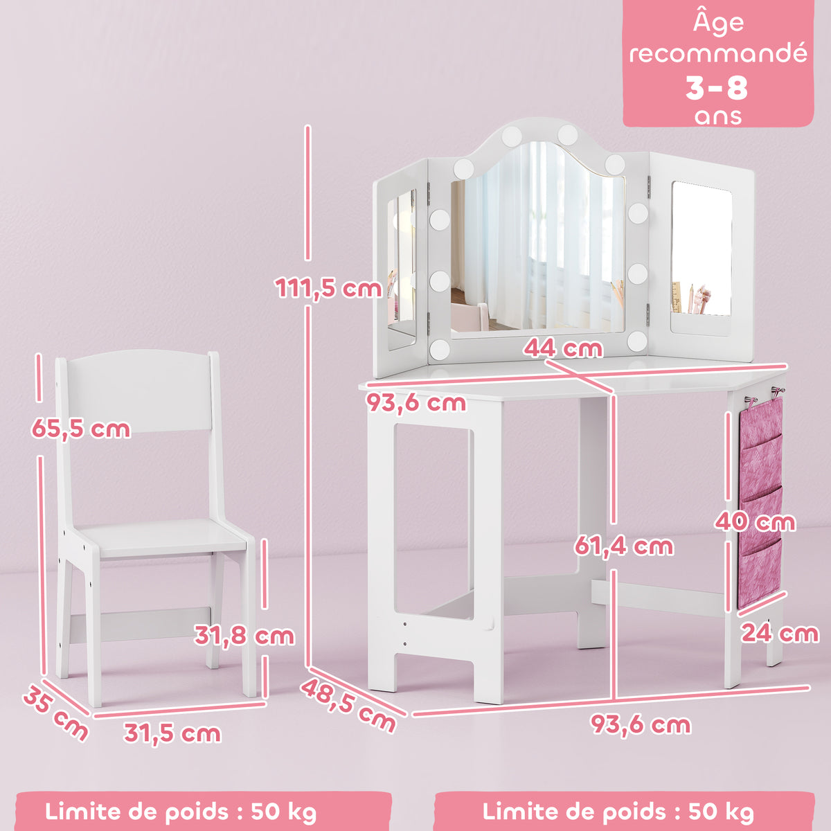 Coiffeuse enfant 2 en 1 avec tabouret miroir triptyque et lumières LED bicolores  93,6 x 48,5 x 111,5 cm blanc-2