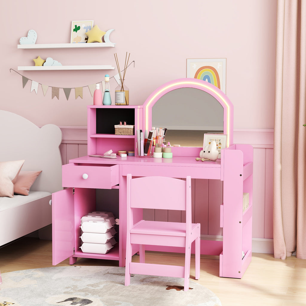 Coiffeuse pour enfants avec tabouret et miroir LED, table de maquillage pour 3 à 8 ans, 88,6 x 38,8 x 96,9 cm, rose-1