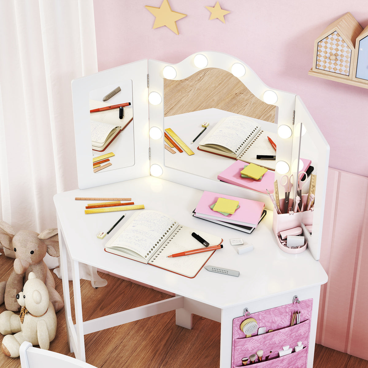 Coiffeuse enfant 2 en 1 avec tabouret miroir triptyque et lumières LED bicolores  93,6 x 48,5 x 111,5 cm blanc-8