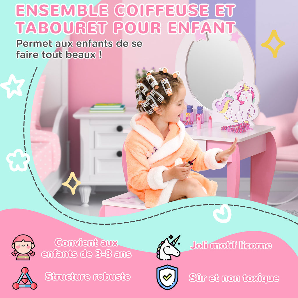 Coiffeuse Enfant Design Licorne - Tabouret Inclus - dim. 49L x 34l x 90H cm - tiroir, Miroir - MDF - Rose Blanc-4