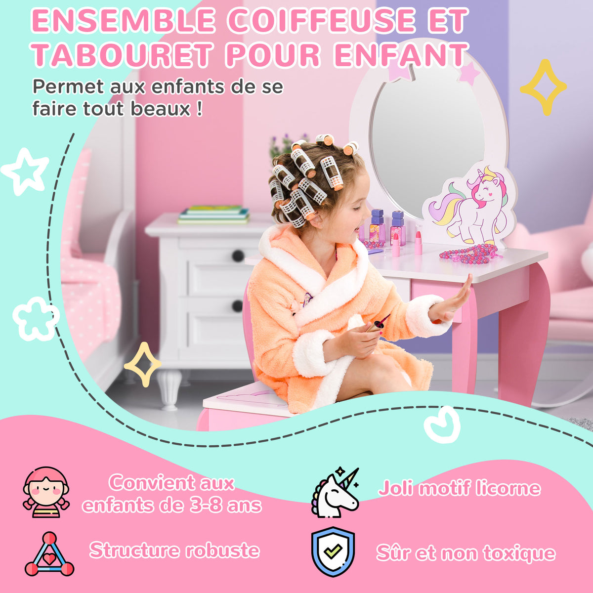 Coiffeuse Enfant Design Licorne - Tabouret Inclus - dim. 49L x 34l x 90H cm - tiroir, Miroir - MDF - Rose Blanc-4