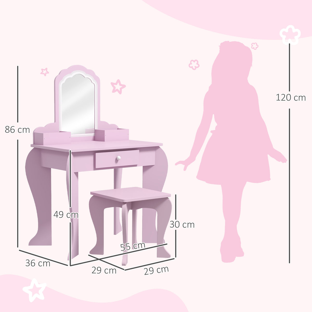 Coiffeuse pour enfant avec tabouret et miroir, table de maquillage avec tiroir et 2 compartiments, 55x36x86cm, rose-2