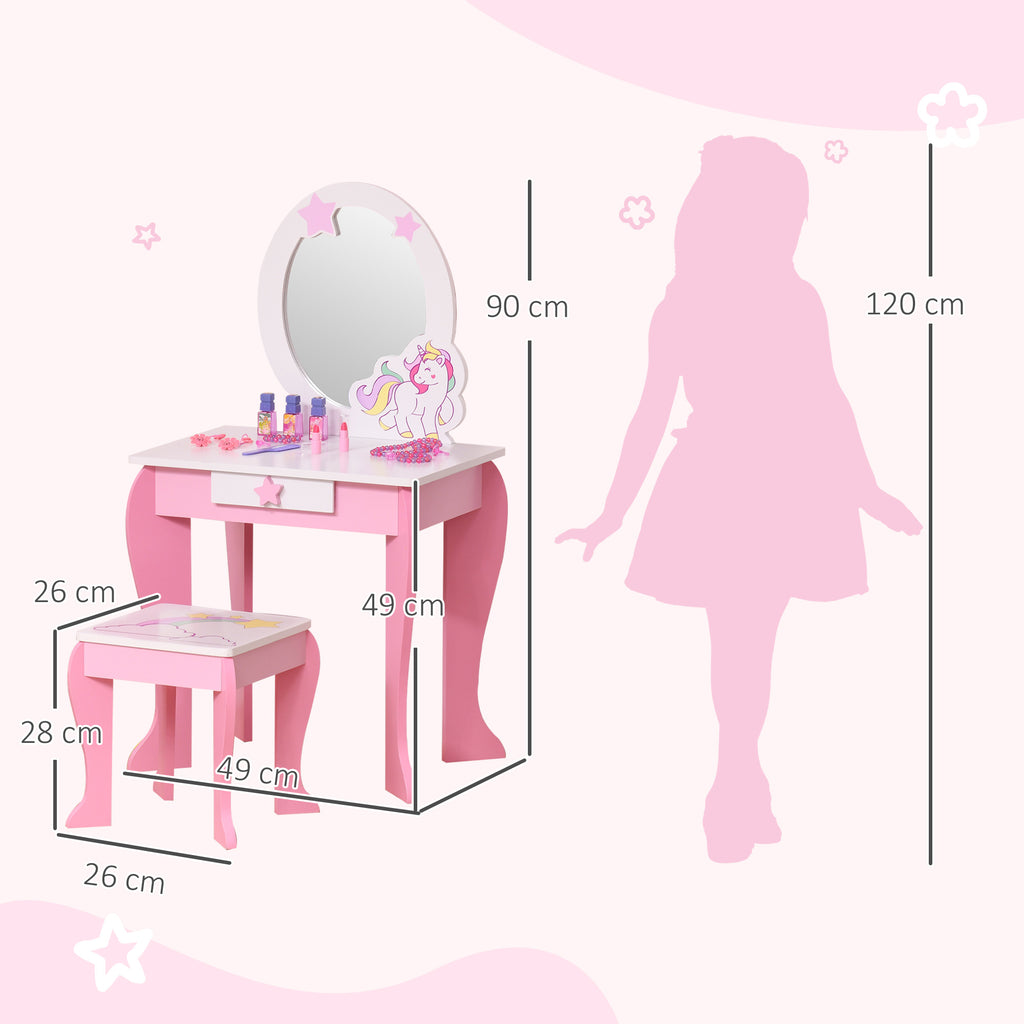 Coiffeuse Enfant Design Licorne - Tabouret Inclus - dim. 49L x 34l x 90H cm - tiroir, Miroir - MDF - Rose Blanc-2
