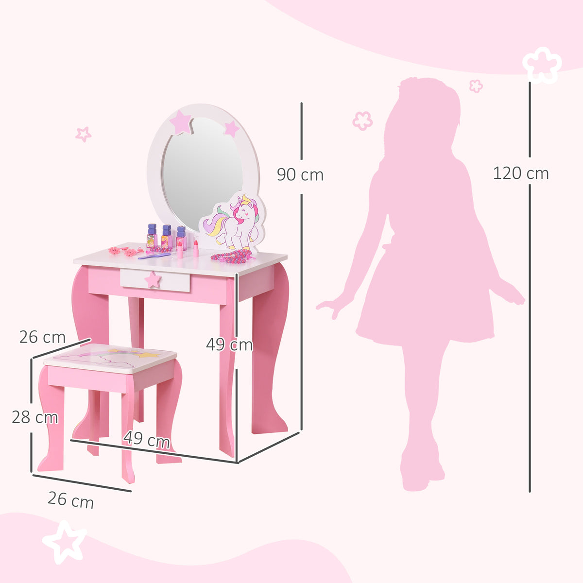 Coiffeuse Enfant Design Licorne - Tabouret Inclus - dim. 49L x 34l x 90H cm - tiroir, Miroir - MDF - Rose Blanc-2