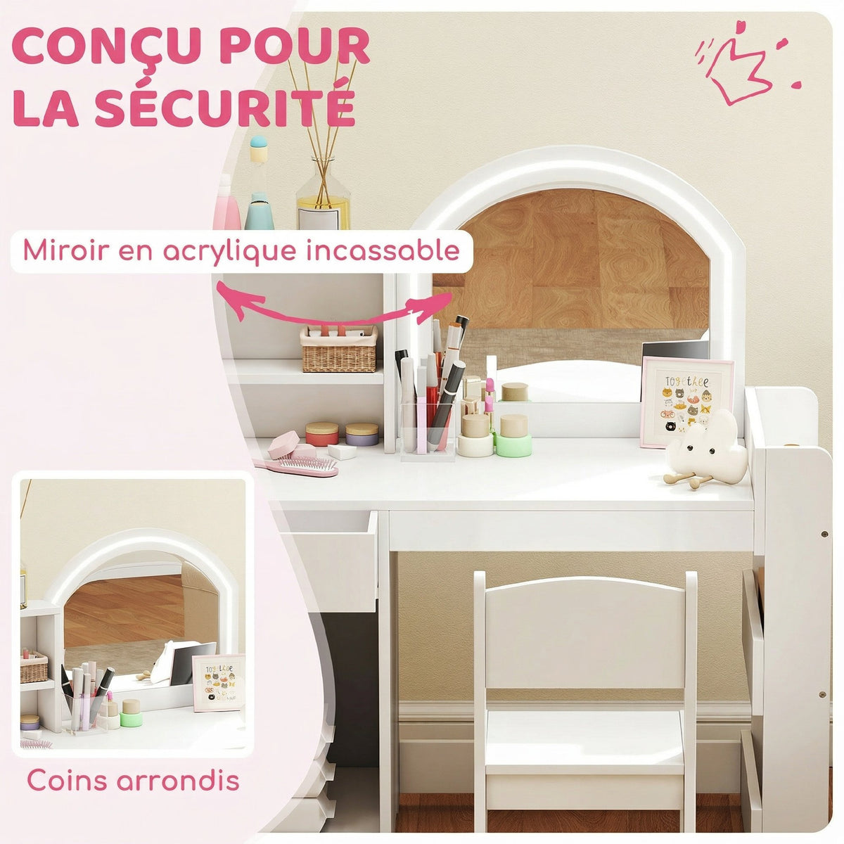 Coiffeuse pour enfants avec tabouret et miroir LED, table de maquillage pour 3 à 8 ans, 88,6 x 38,8 x 96,9 cm, blanc-6
