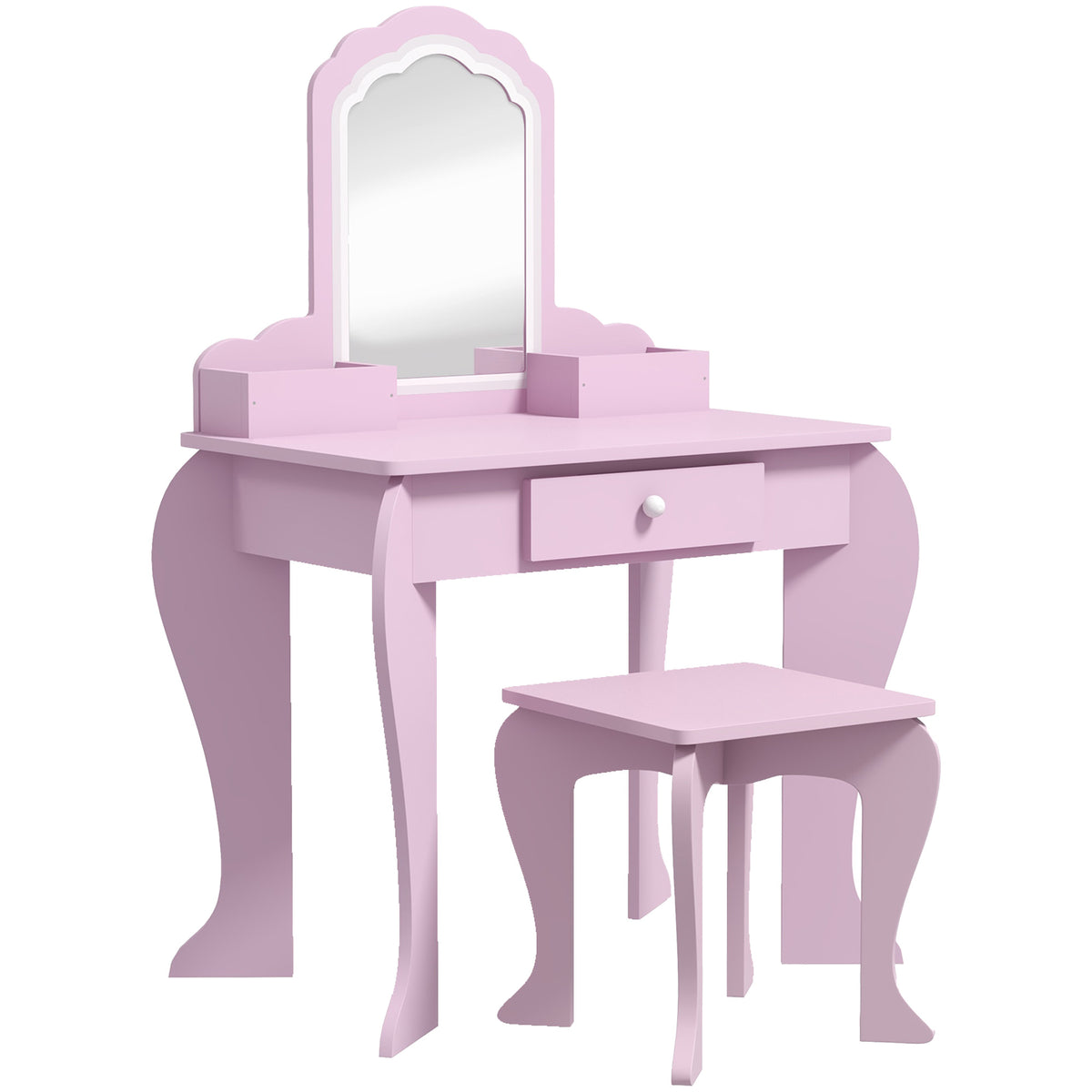 Coiffeuse pour enfant avec tabouret et miroir, table de maquillage avec tiroir et 2 compartiments, 55x36x86cm, rose-0