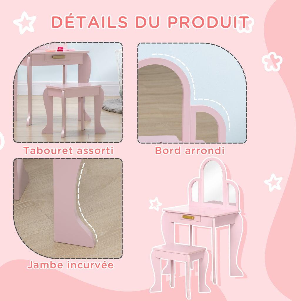 Coiffeuse pour enfant avec tabouret 3 miroirs et tiroir 3 à 6 ans 52 x 32 x 85 cm rose-5