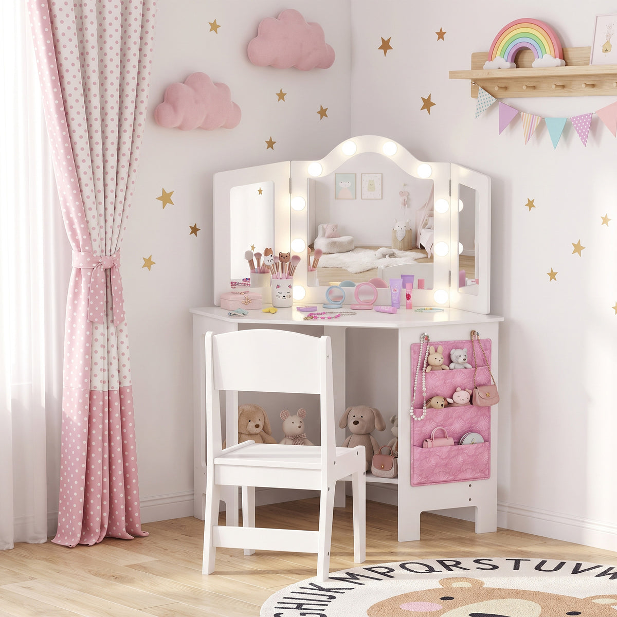 Coiffeuse enfant 2 en 1 avec tabouret miroir triptyque et lumières LED bicolores  93,6 x 48,5 x 111,5 cm blanc-9