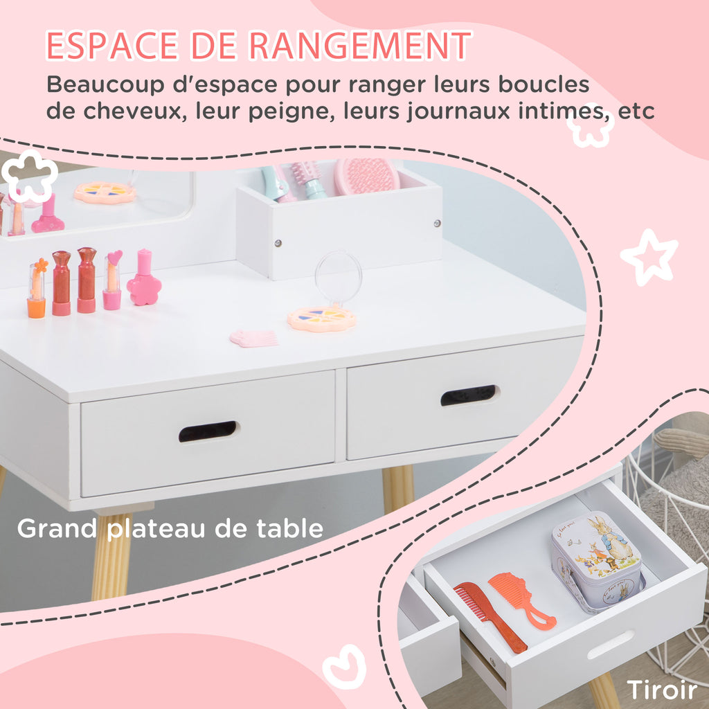 Coiffeuse enfant table de maquillage avec tabouret miroir et 2 tiroirs 3 à 6 ans 60 x 40 x 95 cm blanc et bois-4