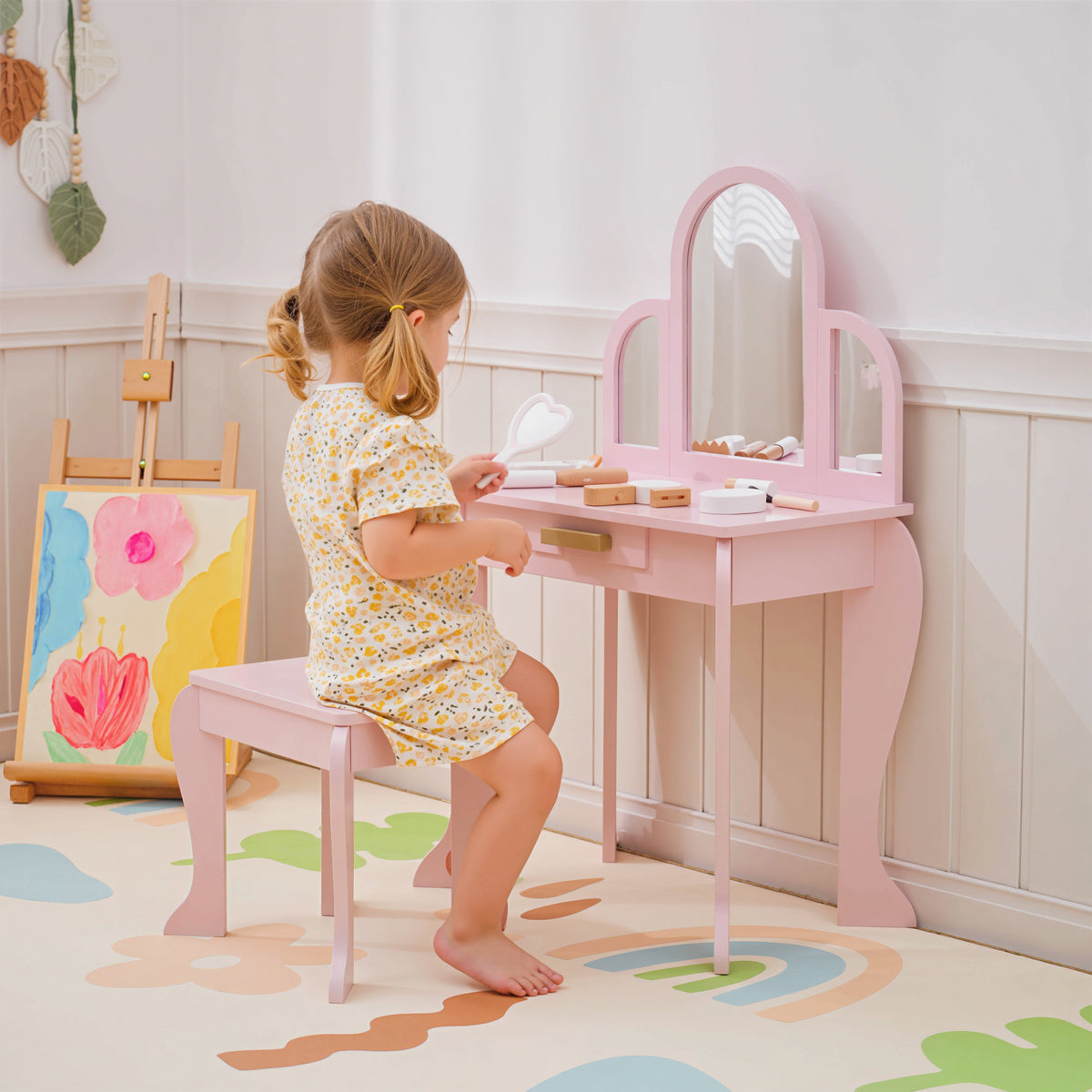 Coiffeuse pour enfant avec tabouret 3 miroirs et tiroir 3 à 6 ans 52 x 32 x 85 cm rose-1