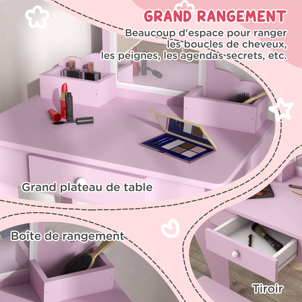 Coiffeuse pour enfant avec tabouret et miroir, table de maquillage avec tiroir et 2 compartiments, 55x36x86cm, rose-4