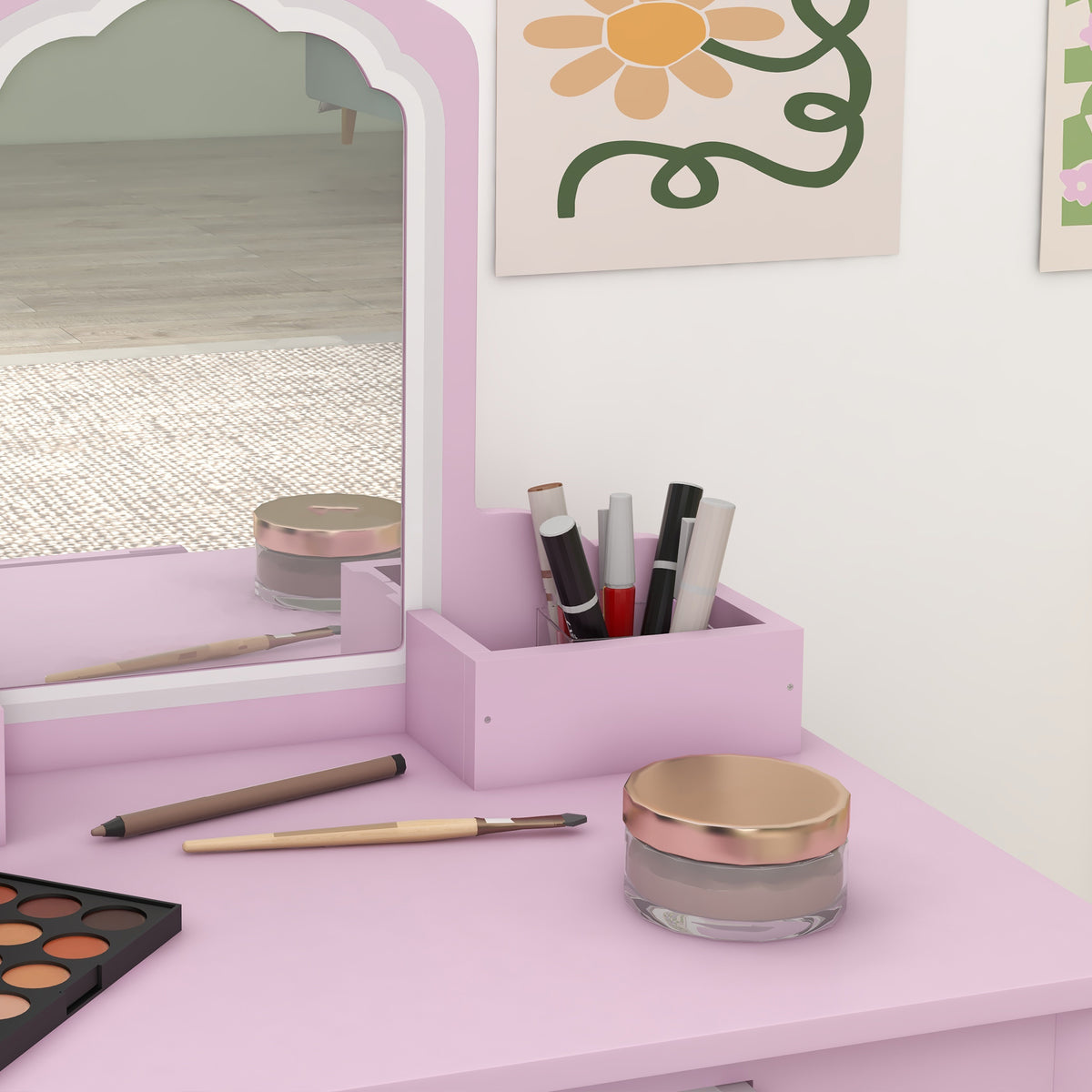 Coiffeuse pour enfant avec tabouret et miroir, table de maquillage avec tiroir et 2 compartiments, 55x36x86cm, rose-8