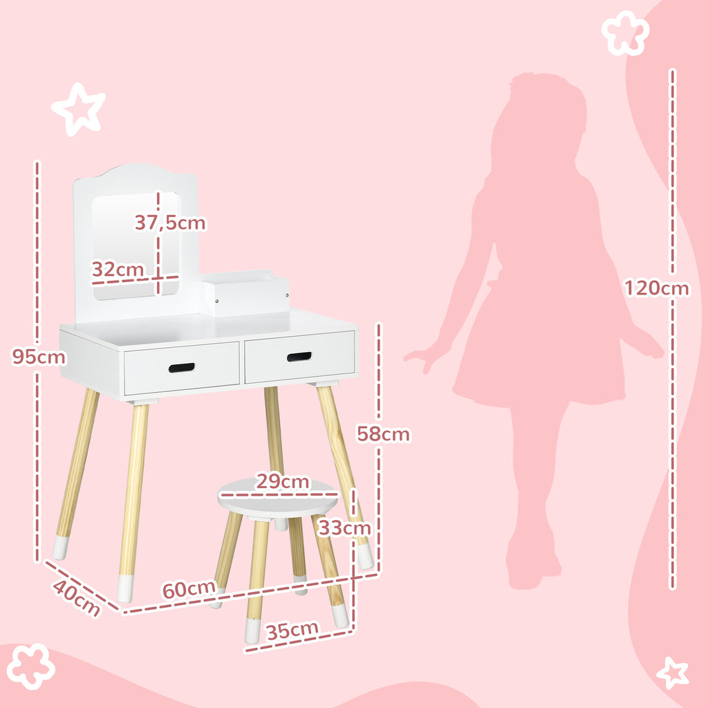 Coiffeuse enfant table de maquillage avec tabouret miroir et 2 tiroirs 3 à 6 ans 60 x 40 x 95 cm blanc et bois-2