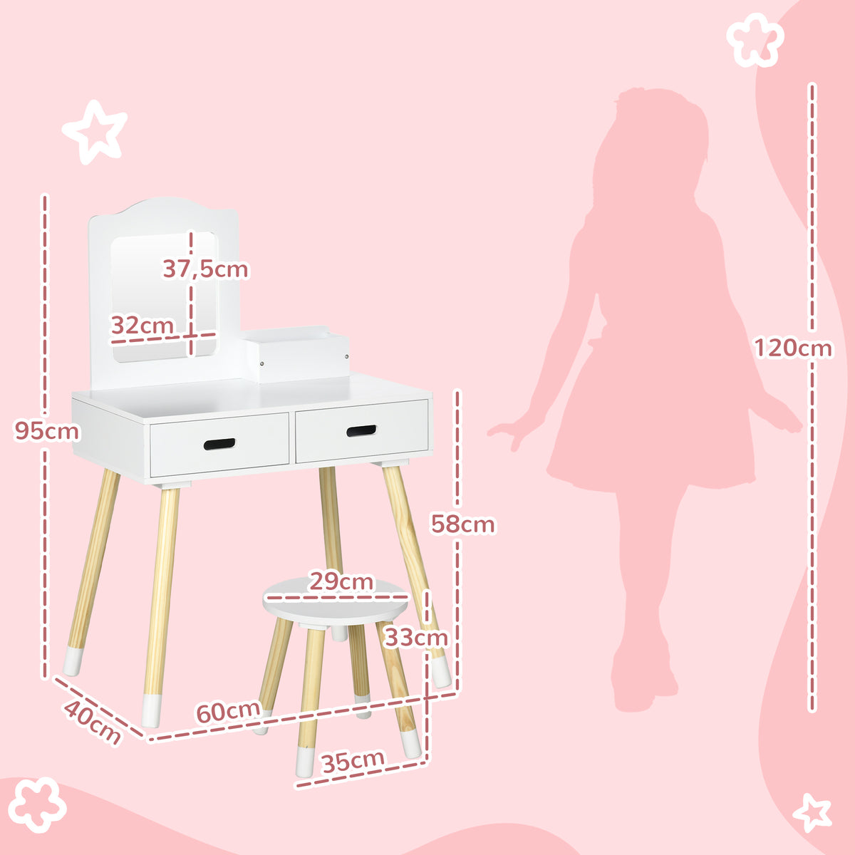 Coiffeuse enfant table de maquillage avec tabouret miroir et 2 tiroirs 3 à 6 ans 60 x 40 x 95 cm blanc et bois-2