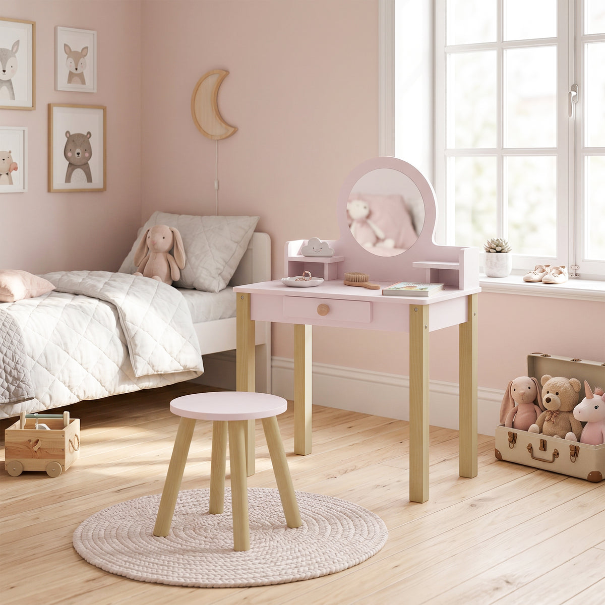 Coiffeuse enfant en bois avec miroir et tabouret, table de maquillage enfant avec tiroir et étagère, 3 à 6 ans, rose-1