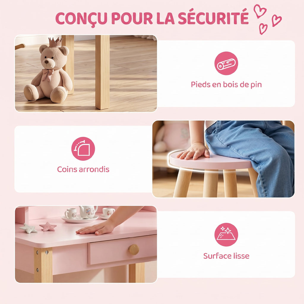 Coiffeuse enfant en bois avec miroir et tabouret, table de maquillage enfant avec tiroir et étagère, 3 à 6 ans, rose-5