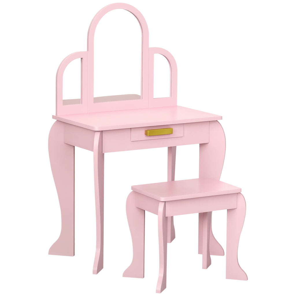 Coiffeuse pour enfant avec tabouret 3 miroirs et tiroir 3 à 6 ans 52 x 32 x 85 cm rose-0