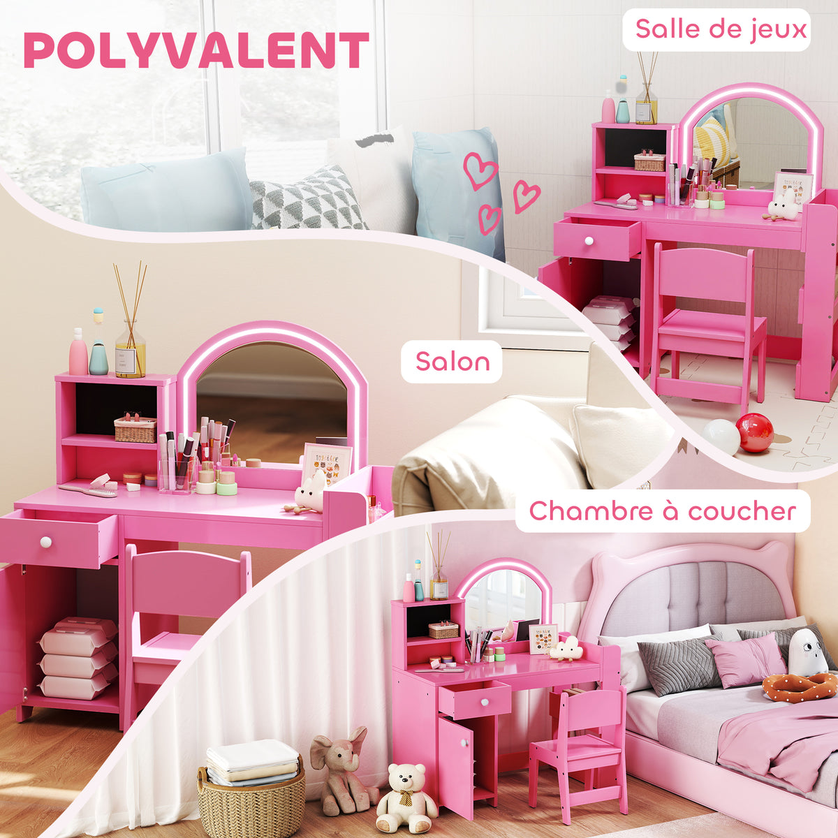 Coiffeuse pour enfants avec tabouret et miroir LED, table de maquillage pour 3 à 8 ans, 88,6 x 38,8 x 96,9 cm, rose-7