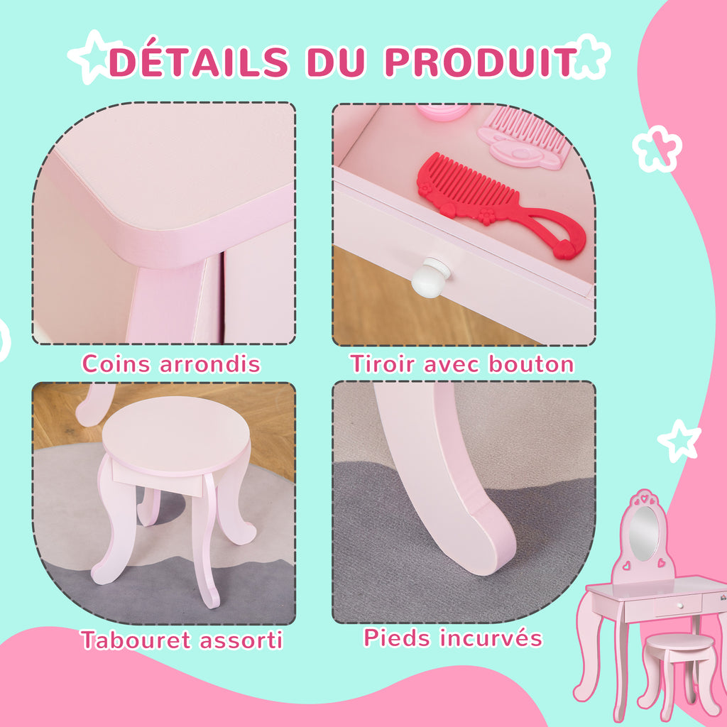 Coiffeuse Enfant Design Girly avec Motifs à Coeur - Tabouret Inclus - dim. 60L x 36l x 88H cm - tiroir, Miroir - MDF - Rose-4