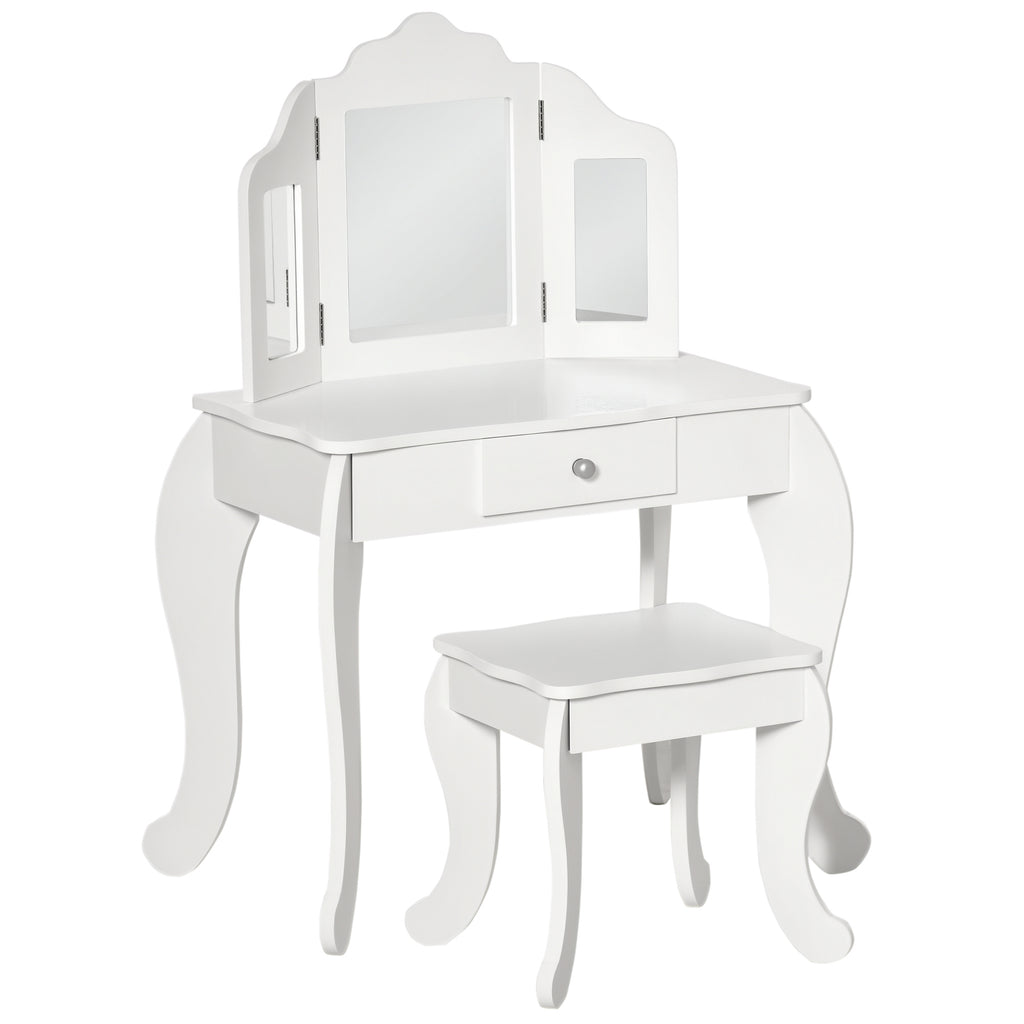 Coiffeuse Enfant avec Tabouret, Coiffeuse Bureau 2 en 1 Miroir triptyque et tiroir Coulissant Blanc Acrylique-0
