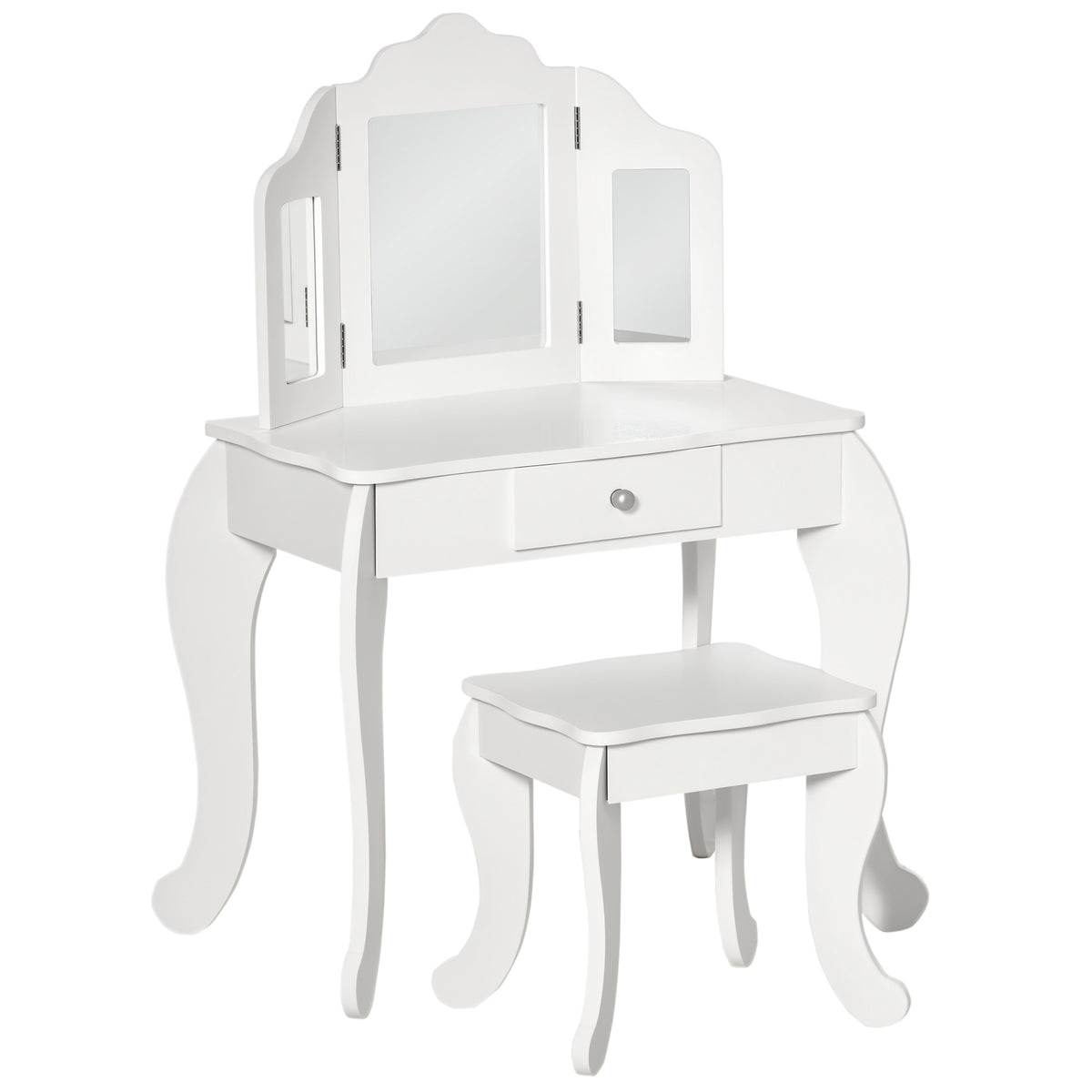Coiffeuse Enfant avec Tabouret, Coiffeuse Bureau 2 en 1 Miroir triptyque et tiroir Coulissant Blanc Acrylique-0