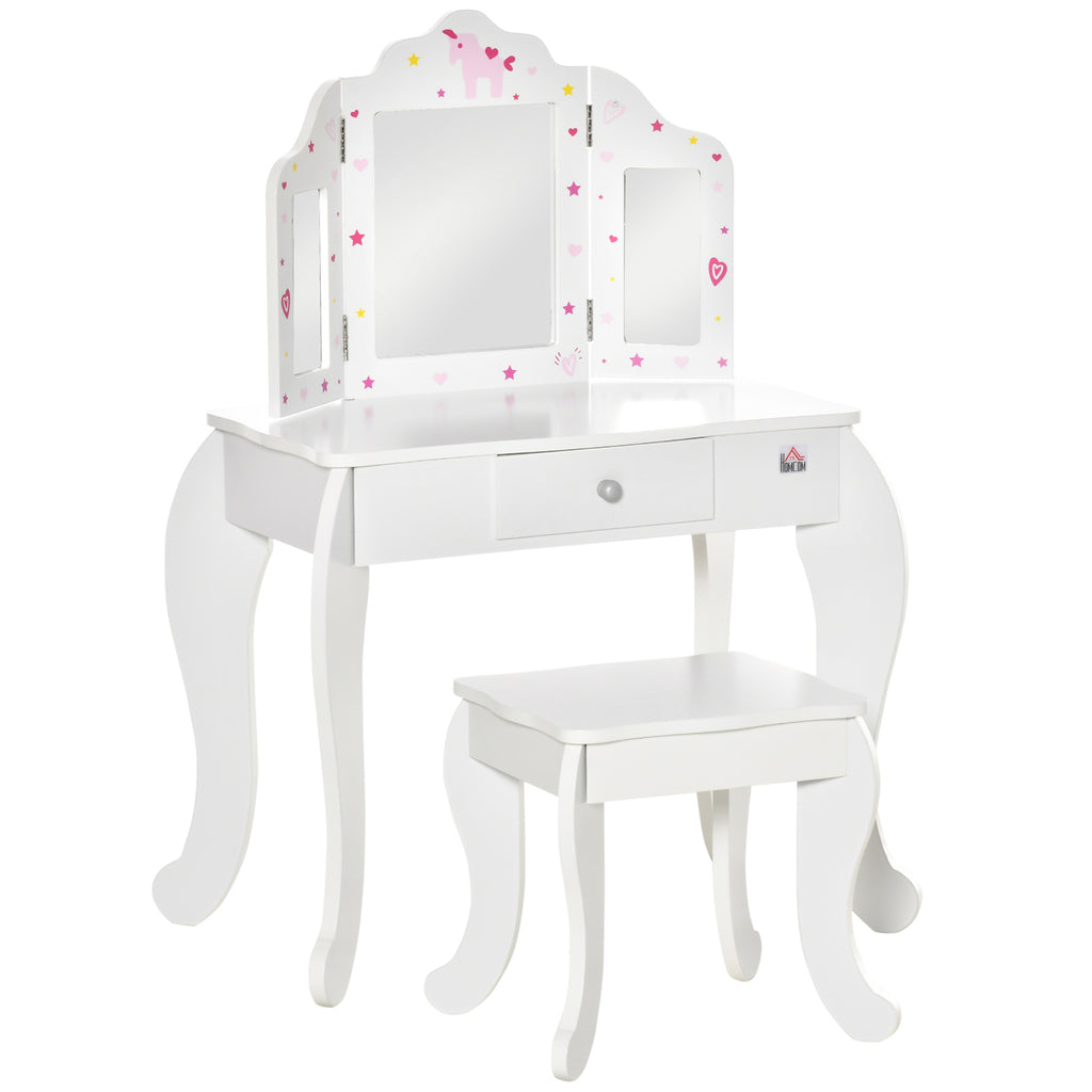 Coiffeuse Enfant avec Tabouret, Miroir triptyque et tiroir Coulissant - Coiffeuse dim. 63L x 40l x 85,5H cm-0