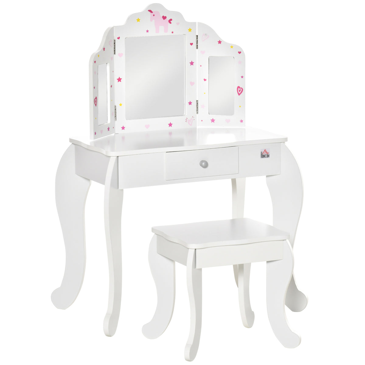 Coiffeuse Enfant avec Tabouret, Miroir triptyque et tiroir Coulissant - Coiffeuse dim. 63L x 40l x 85,5H cm-0