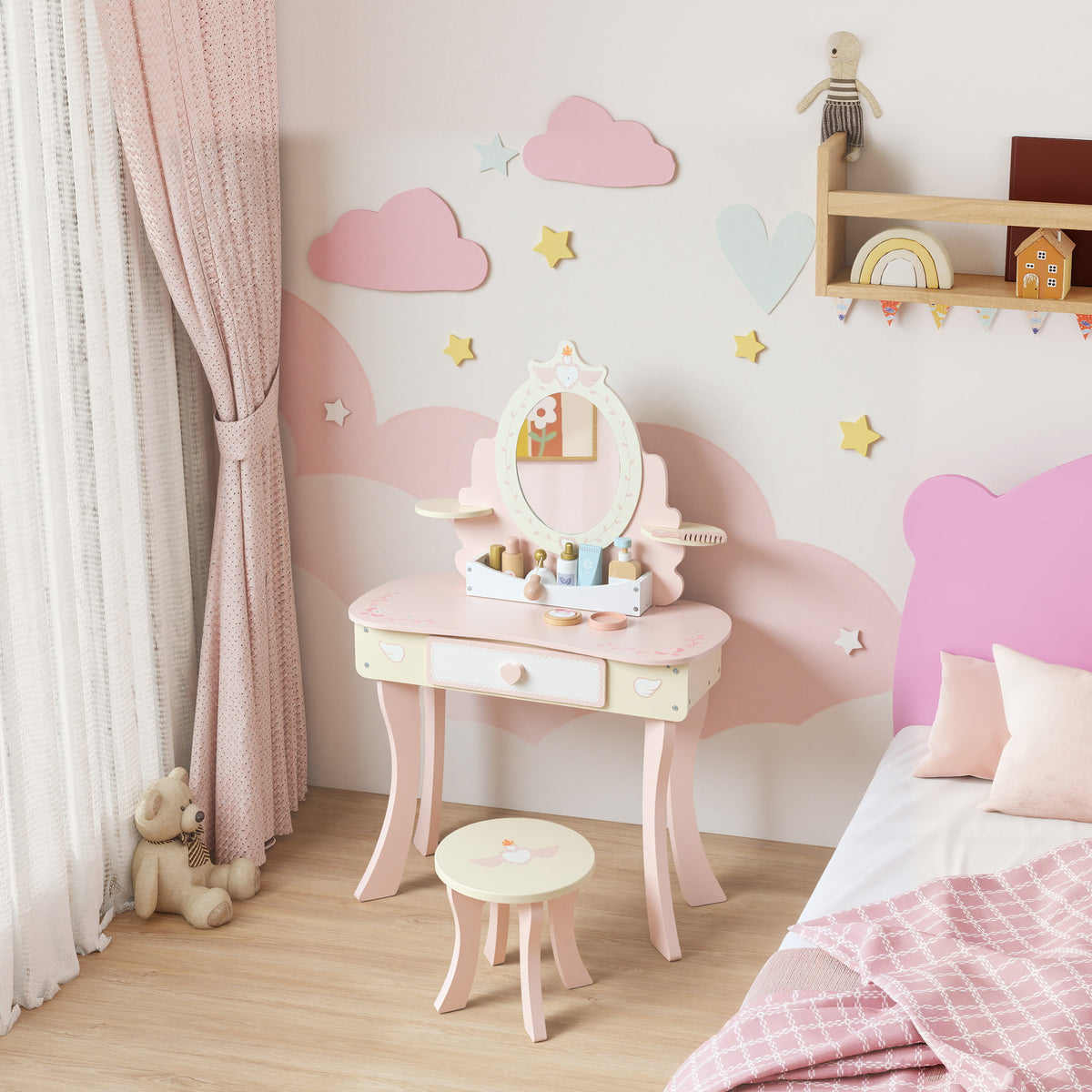 Coiffeuse enfant fille table de maquillage 2 en 1 avec 7 accessoires de jeu miroir en acrylique 59,8x29,6x89,8cm rose-9