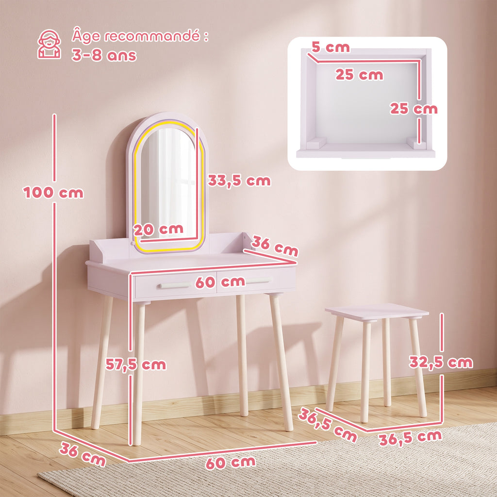 Coiffeuse Enfant en Bois avec Miroir LED 3 Couleurs, Tabouret, Tiroir et Plateau Spacieux, 60x36x100cm, 3 à 8 Ans, Rose-2
