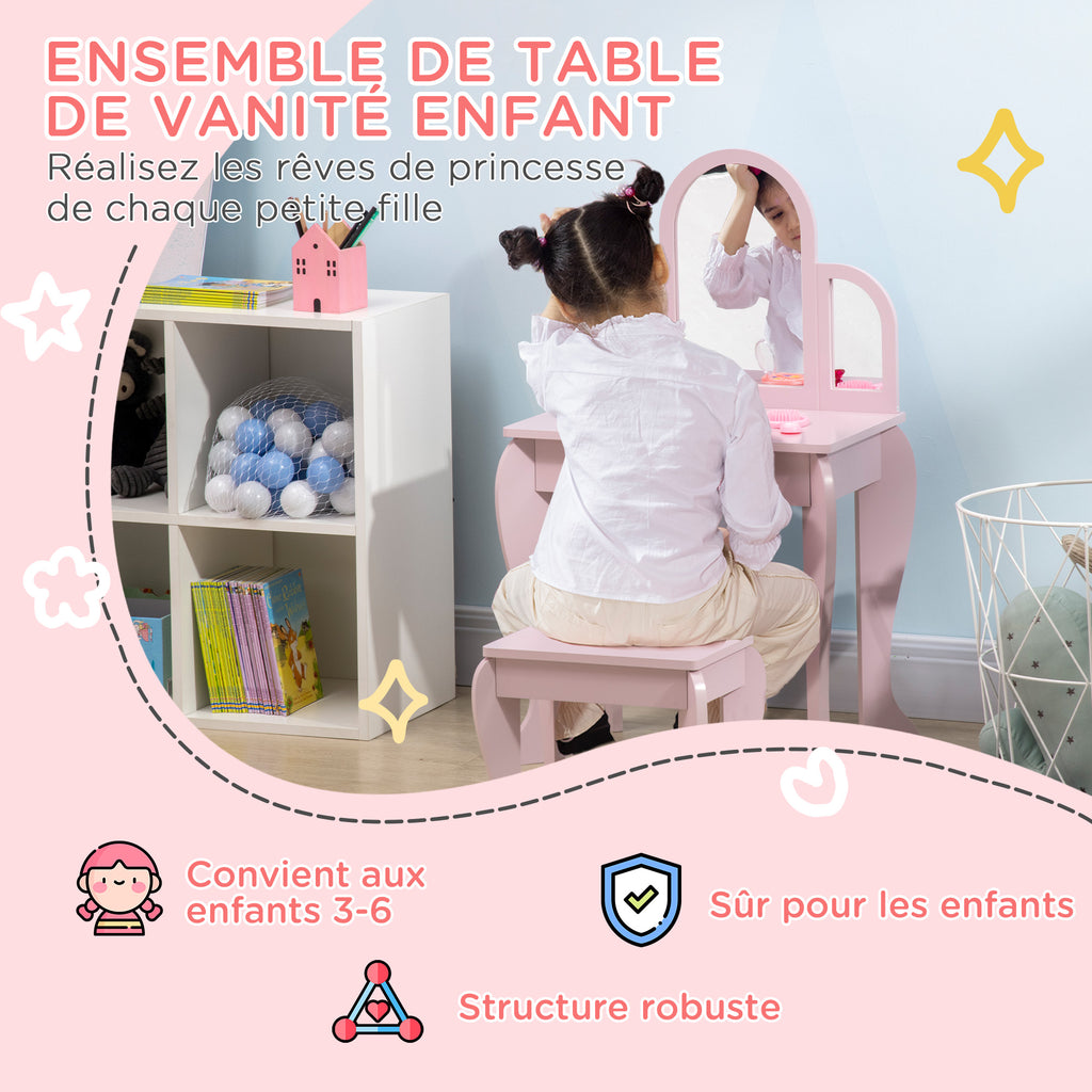 Coiffeuse pour enfant avec tabouret 3 miroirs et tiroir 3 à 6 ans 52 x 32 x 85 cm rose-3