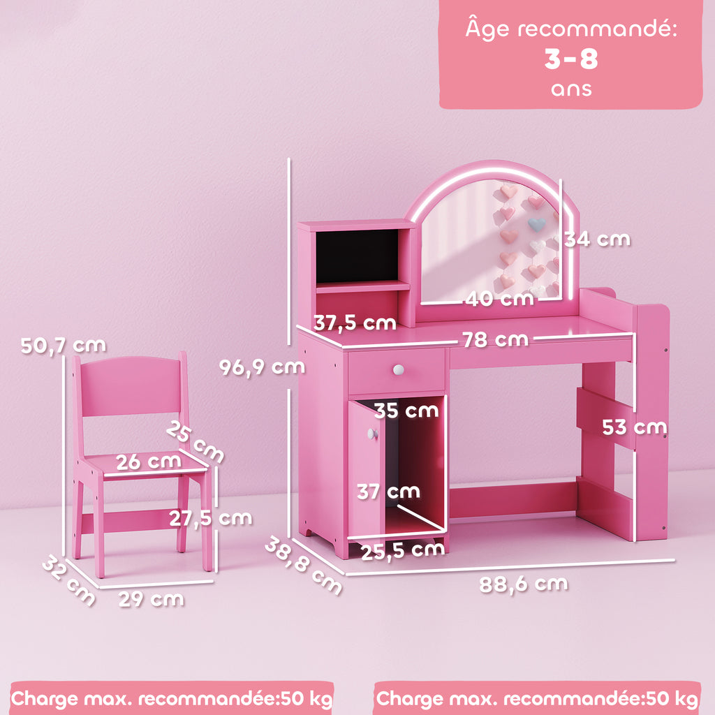 Coiffeuse pour enfants avec tabouret et miroir LED, table de maquillage pour 3 à 8 ans, 88,6 x 38,8 x 96,9 cm, rose-2
