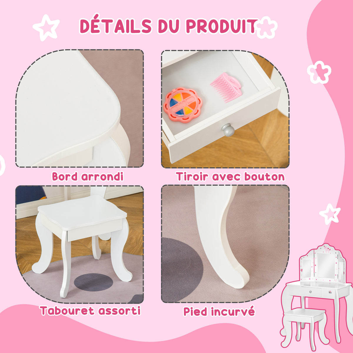 Coiffeuse Enfant avec Tabouret, Miroir triptyque et tiroir Coulissant - Coiffeuse dim. 63L x 40l x 85,5H cm-4