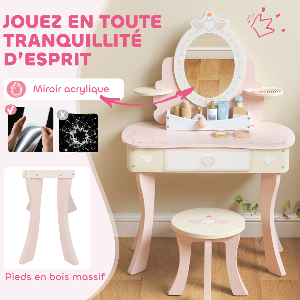 Coiffeuse enfant fille table de maquillage 2 en 1 avec 7 accessoires de jeu miroir en acrylique 59,8x29,6x89,8cm rose-6