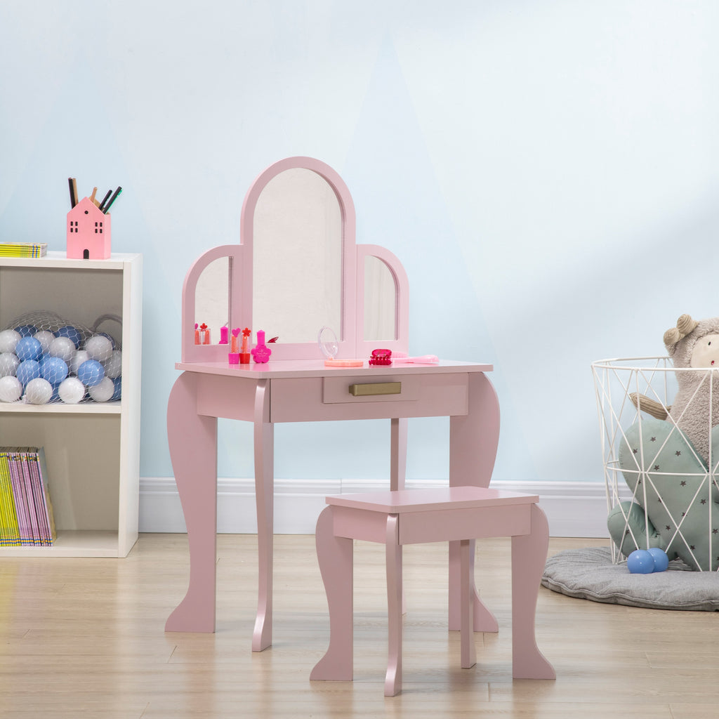 Coiffeuse pour enfant avec tabouret 3 miroirs et tiroir 3 à 6 ans 52 x 32 x 85 cm rose-9