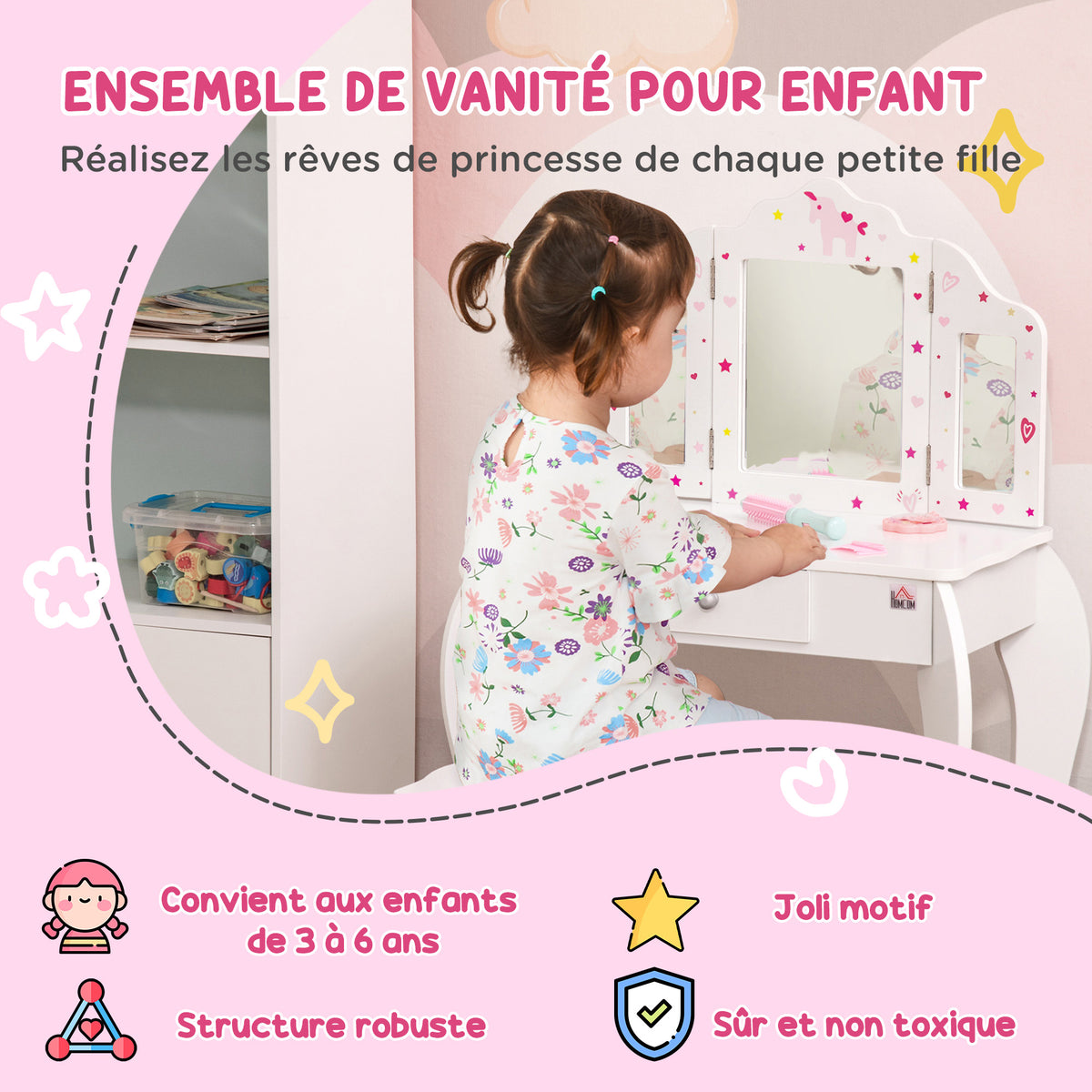 Coiffeuse Enfant avec Tabouret, Miroir triptyque et tiroir Coulissant - Coiffeuse dim. 63L x 40l x 85,5H cm-3