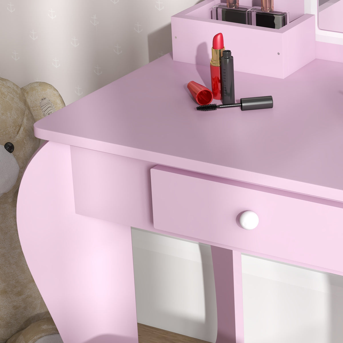 Coiffeuse pour enfant avec tabouret et miroir, table de maquillage avec tiroir et 2 compartiments, 55x36x86cm, rose-7