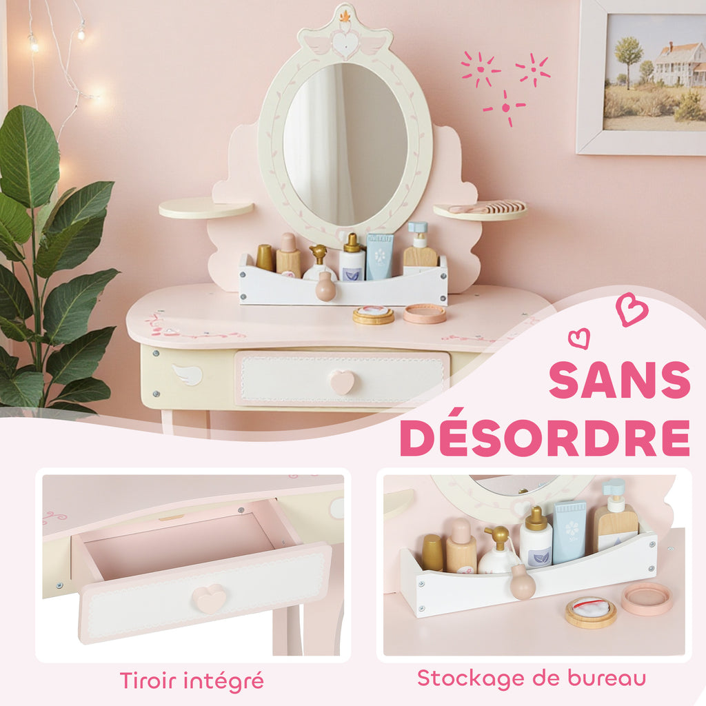 Coiffeuse enfant fille table de maquillage 2 en 1 avec 7 accessoires de jeu miroir en acrylique 59,8x29,6x89,8cm rose-5